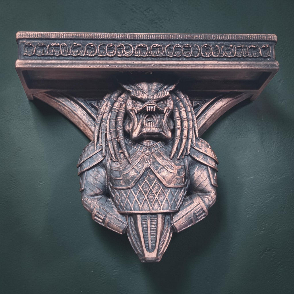 Alien Hunter Wall Shelf – Sci-Fi Warrior Shelf – Gothic Wall Decor – 3D Printed Shelf – Dark Fantasy Decor – Unique Wall Bracket Art