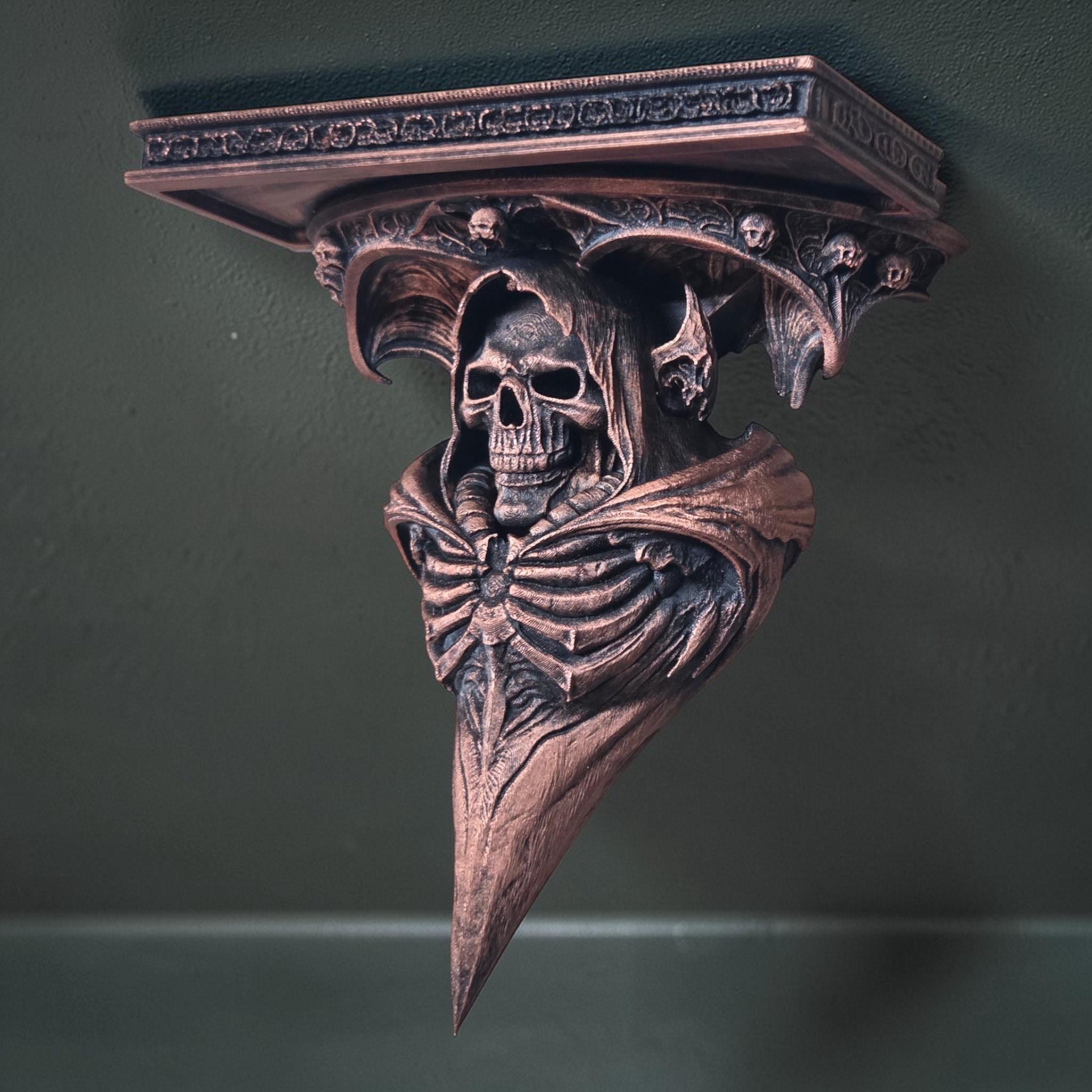 Gothic Skull Wall Shelf – Grim Reaper Decor – Dark Fantasy Shelf – 3D Printed Shelf – Gothic Wall Art – Skeleton Wall Bracket