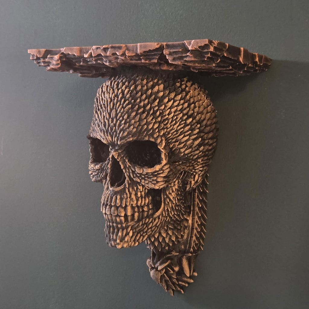 Dragon Scale Skull Wall Shelf – Gothic Skull Decor – Fantasy Skull Shelf – Dark Medieval Decor – Dragon Texture Skull – Gothic Wall Art