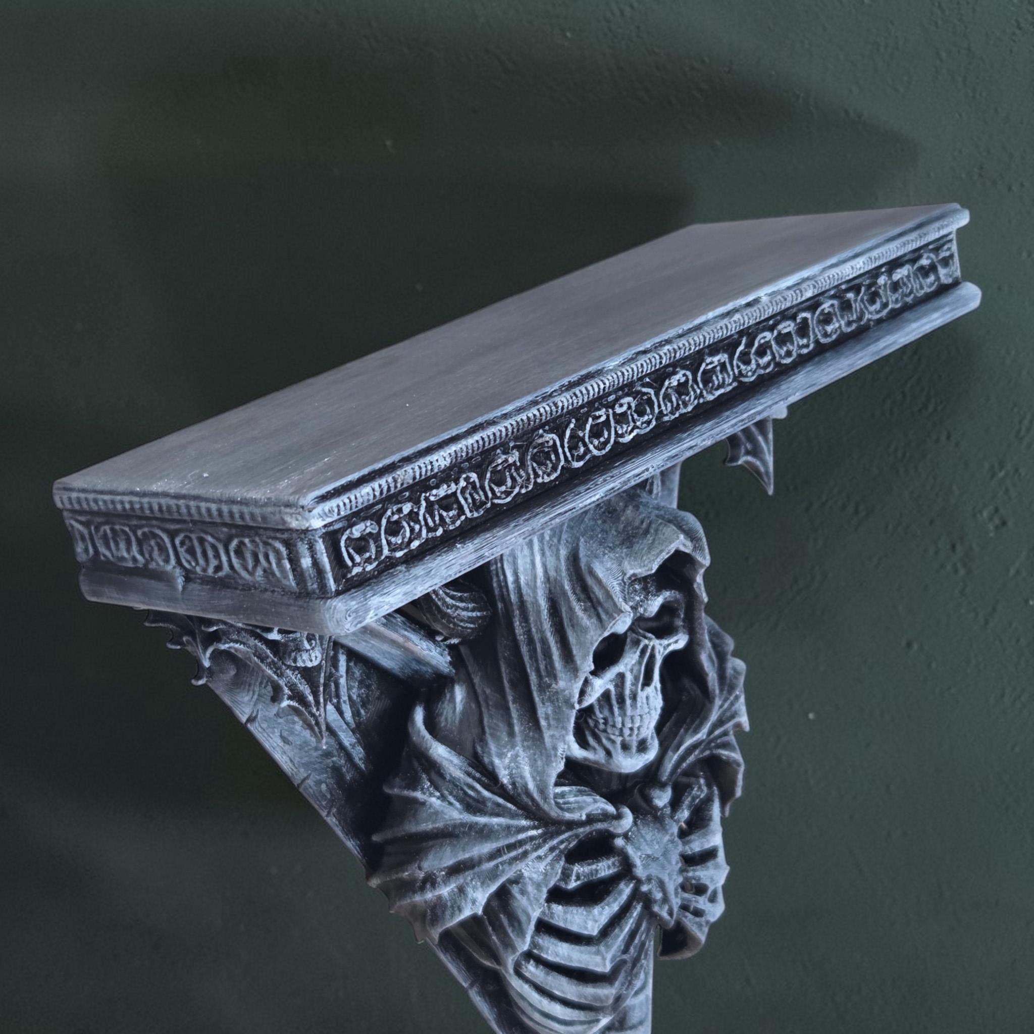 Grim Reaper Wall Shelf – Gothic Skeleton Shelf – Dark Decor Wall Art – 3D Printed Shelf – Skull Wall Bracket – Halloween Gothic Decor
