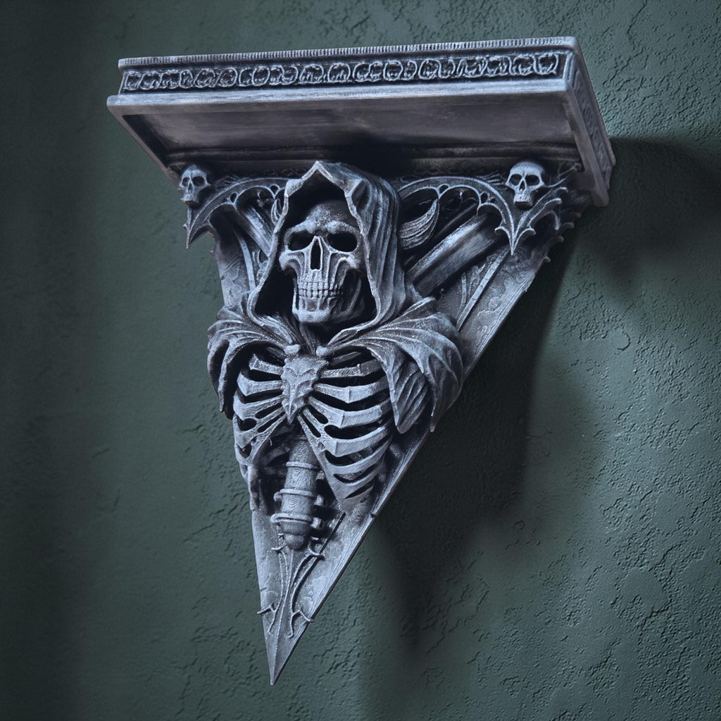 Grim Reaper Wall Shelf – Gothic Skeleton Shelf – Dark Decor Wall Art – 3D Printed Shelf – Skull Wall Bracket – Halloween Gothic Decor