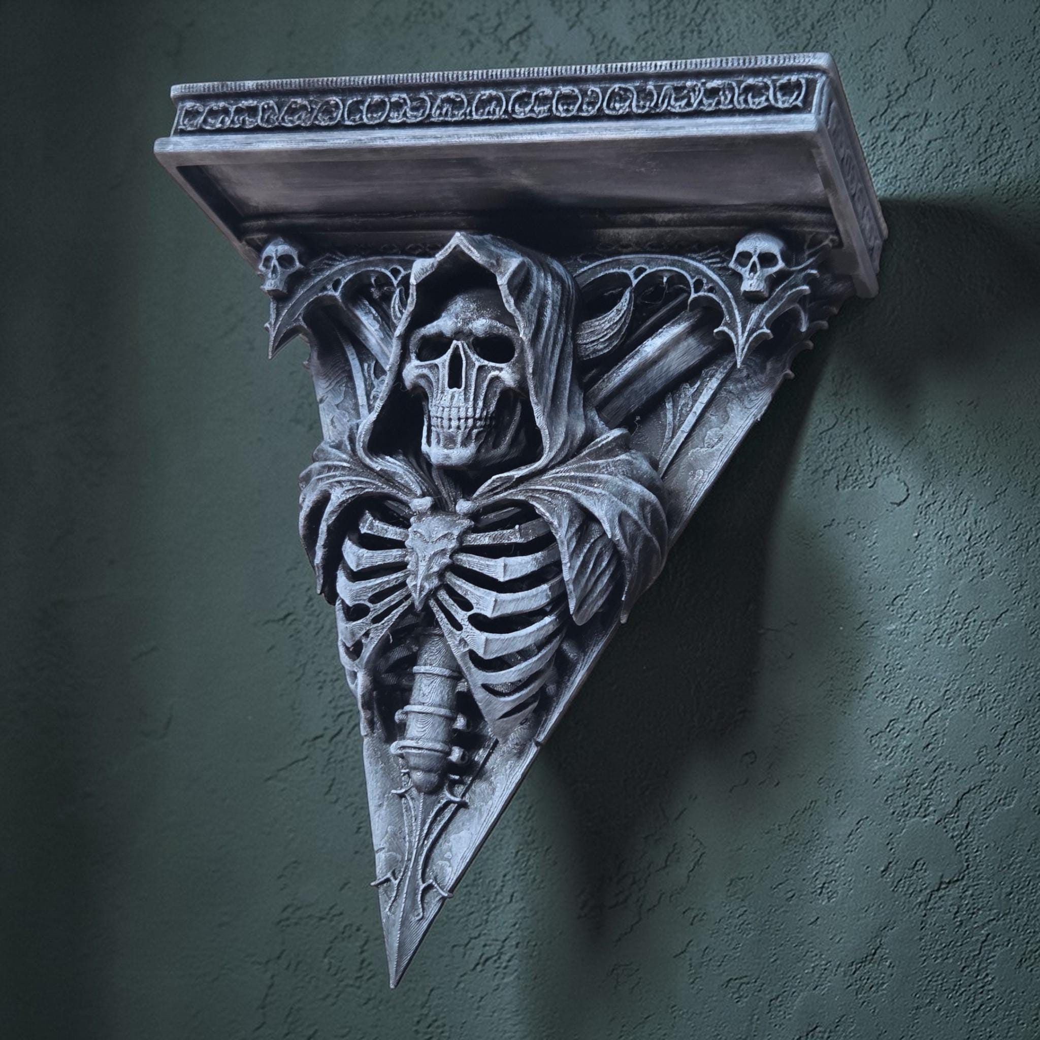 Grim Reaper Wall Shelf – Gothic Skeleton Shelf – Dark Decor Wall Art – 3D Printed Shelf – Skull Wall Bracket – Halloween Gothic Decor