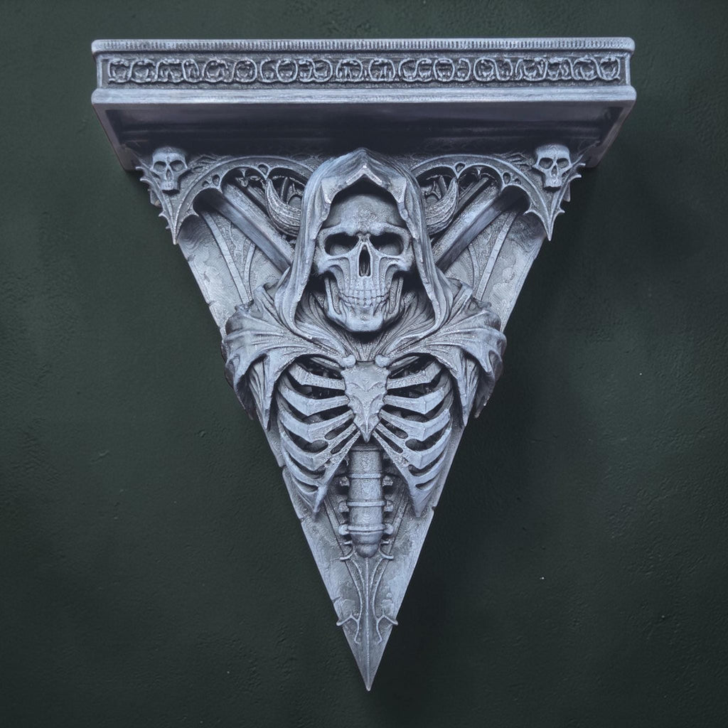 Grim Reaper Wall Shelf – Gothic Skeleton Shelf – Dark Decor Wall Art – 3D Printed Shelf – Skull Wall Bracket – Halloween Gothic Decor