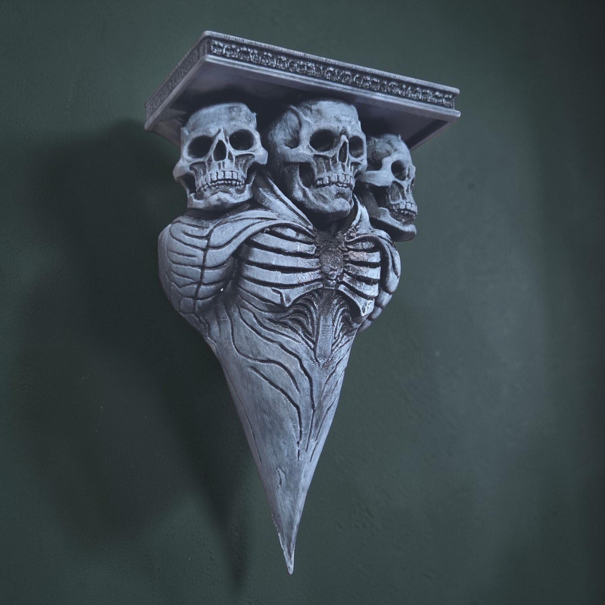 Triple Skull Wall Shelf – Gothic Skeleton Decor – Dark Fantasy Wall Shelf – 3D Printed Shelf – Skull Wall Art – Macabre Gothic Decor