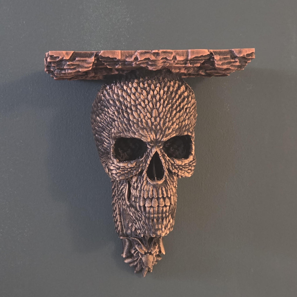 Dragon Scale Skull Wall Shelf – Gothic Skull Decor – Fantasy Skull Shelf – Dark Medieval Decor – Dragon Texture Skull – Gothic Wall Art