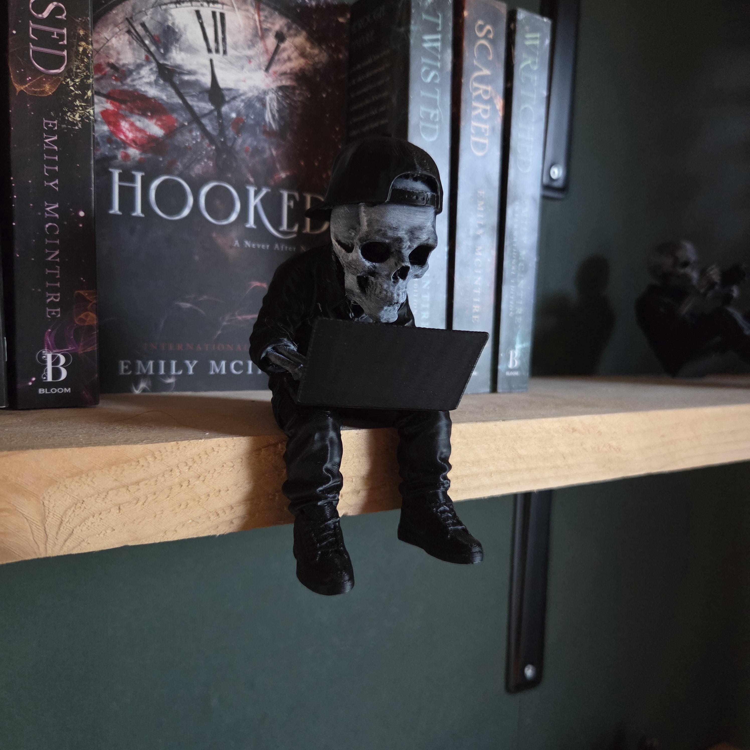 Skull Reader Shelf Sitter | Gothic Bookish Decor | Dark Academia Skeleton with Laptop | Never After Inspired Bookshelf Decor