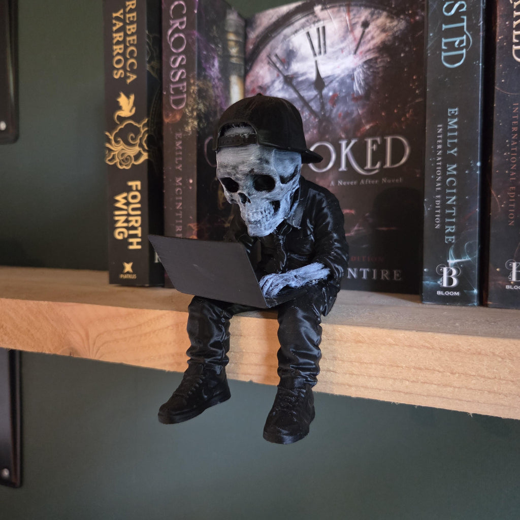Skull Reader Shelf Sitter | Gothic Bookish Decor | Dark Academia Skeleton with Laptop | Never After Inspired Bookshelf Decor