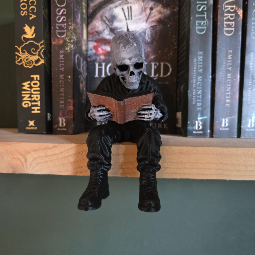 Skeleton Reading Shelf Sitter | Gothic Book Nook Decor | Dark Academia Bookshelf Figurine | Hand Painted 3D Printed Book Lover Gift