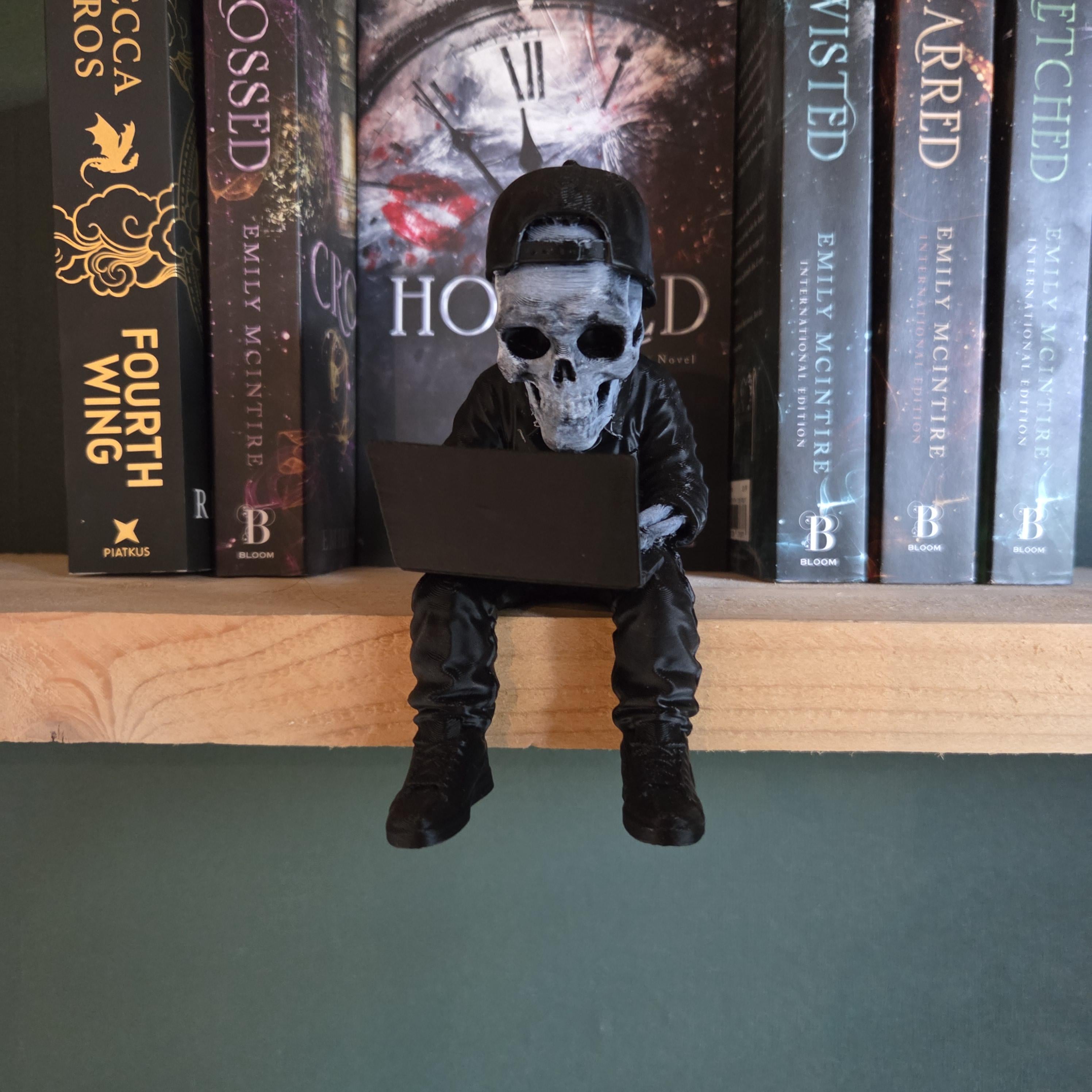 Skull Reader Shelf Sitter | Gothic Bookish Decor | Dark Academia Skeleton with Laptop | Never After Inspired Bookshelf Decor