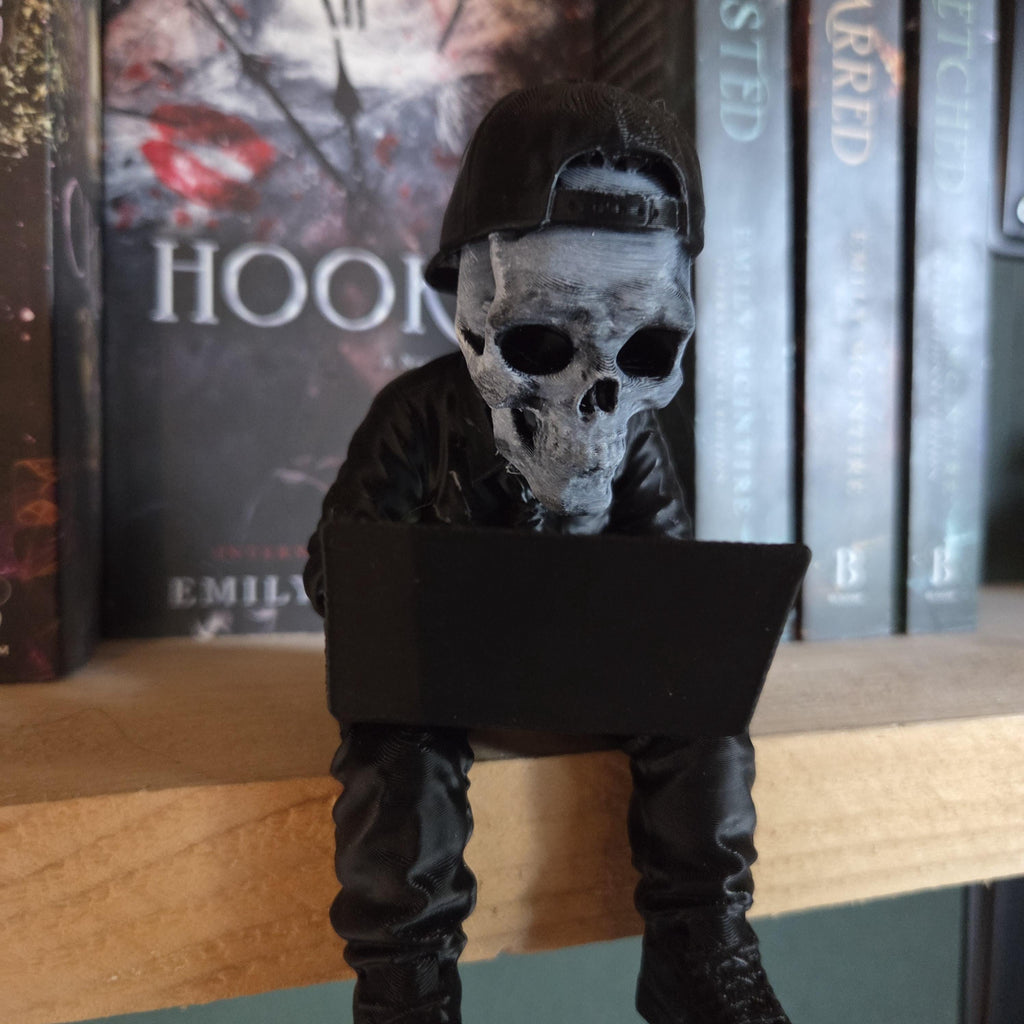 Skull Reader Shelf Sitter | Gothic Bookish Decor | Dark Academia Skeleton with Laptop | Never After Inspired Bookshelf Decor