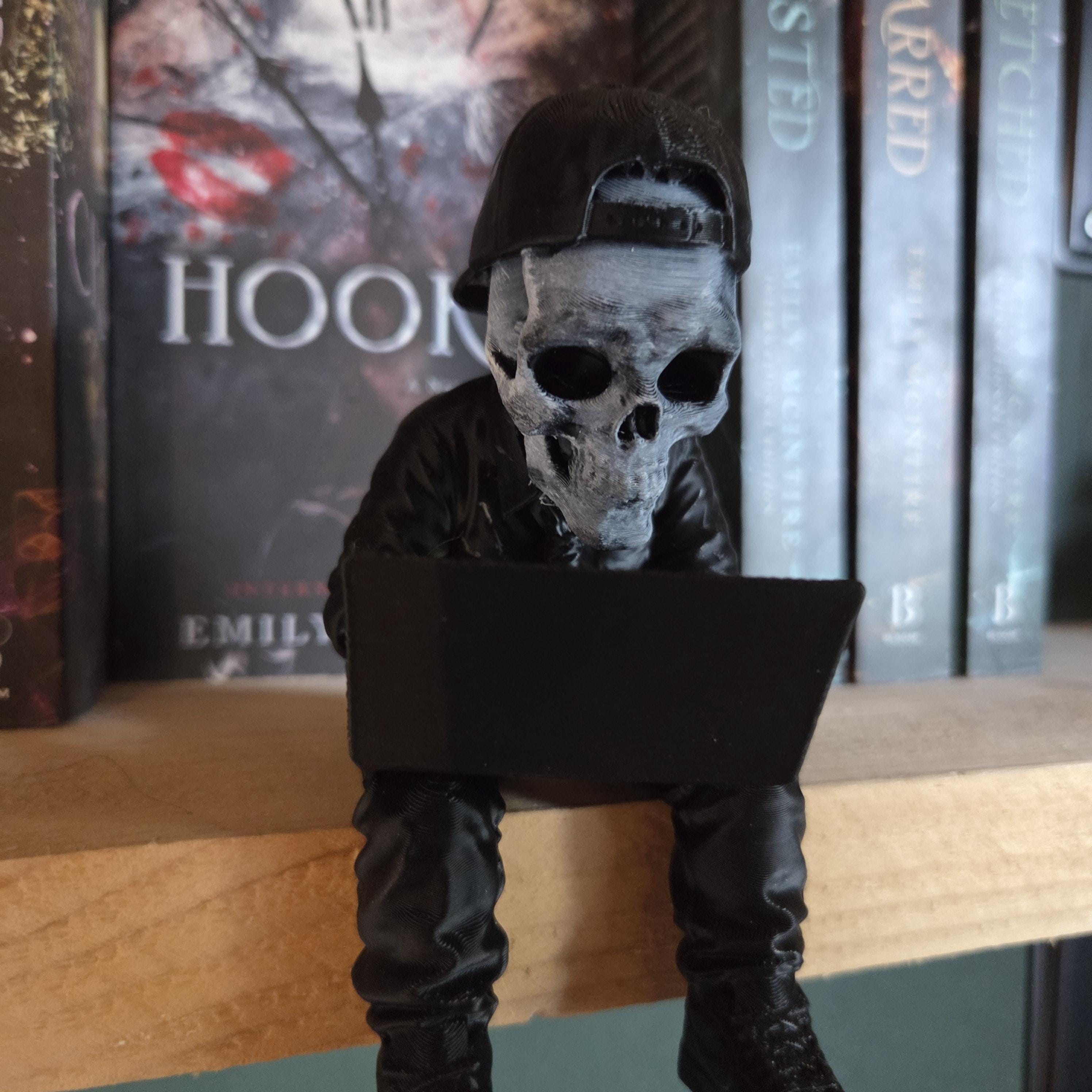 Skull Reader Shelf Sitter | Gothic Bookish Decor | Dark Academia Skeleton with Laptop | Never After Inspired Bookshelf Decor