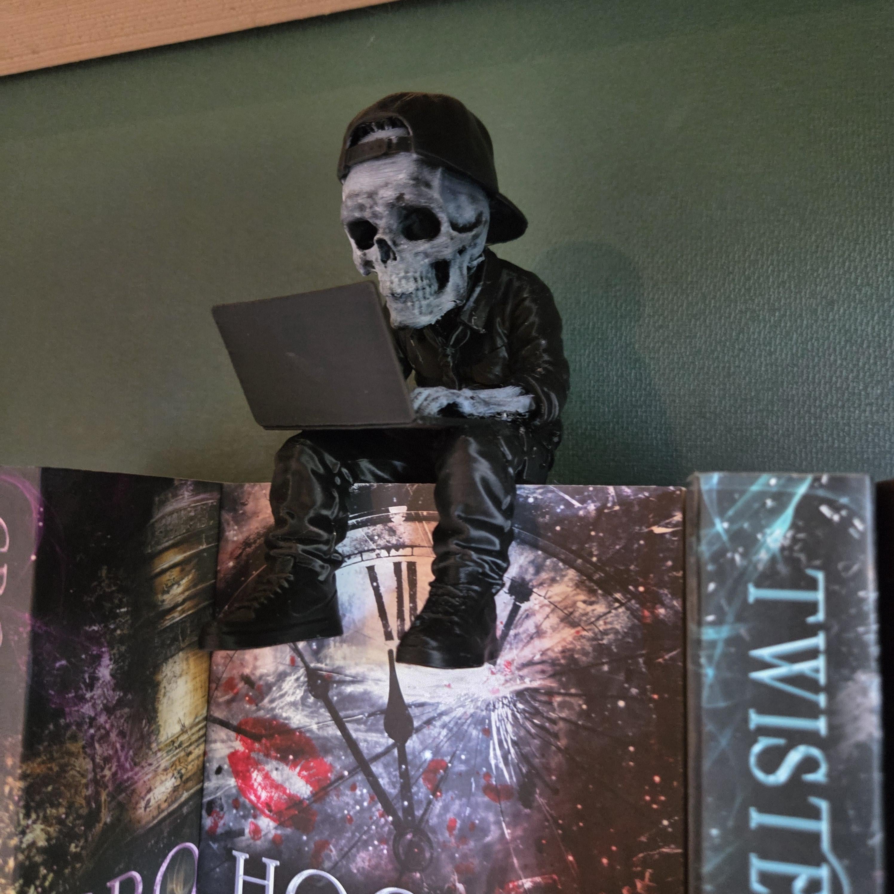 Skull Reader Shelf Sitter | Gothic Bookish Decor | Dark Academia Skeleton with Laptop | Never After Inspired Bookshelf Decor