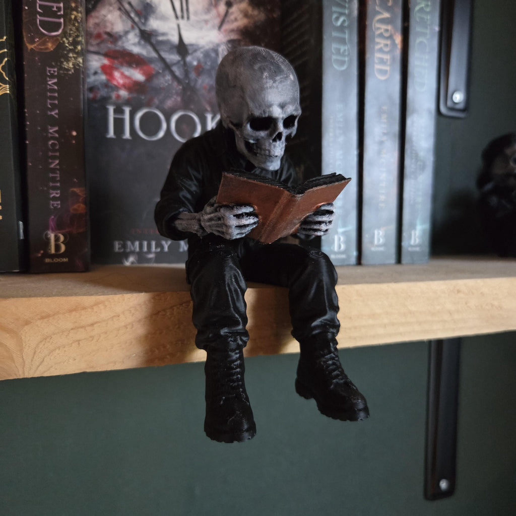 Skeleton Reading Shelf Sitter | Gothic Book Nook Decor | Dark Academia Bookshelf Figurine | Hand Painted 3D Printed Book Lover Gift