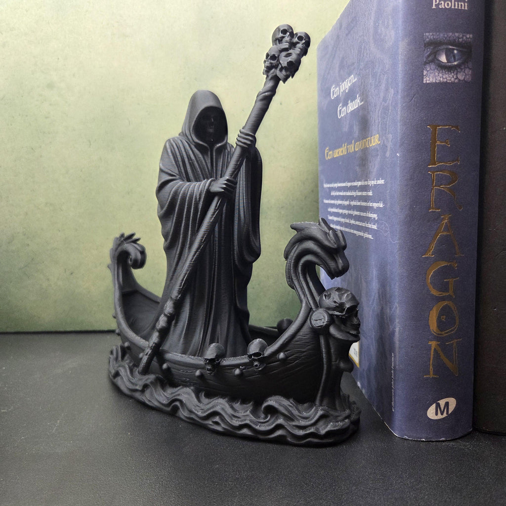 Grim Reaper Boat Statue, Gothic Ferryman Decor, Death Figurine, Skull Boat Sculpture, Dark Fantasy Decor, Macabre Shelf Decor, Gothic Gift