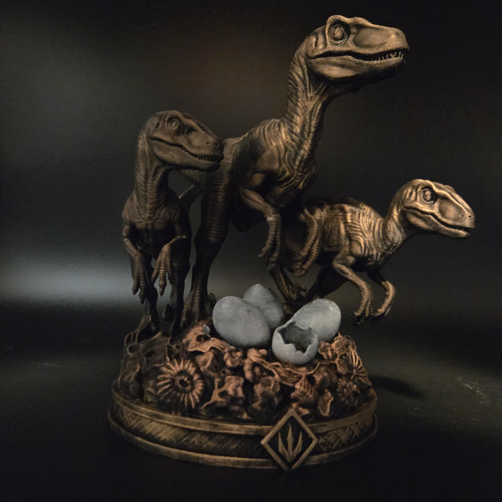 Raptor Family Statue | Dinosaur Decor | Velociraptor Figurine with Eggs | Bronze Finish | Prehistoric Shelf Decor | Gift for Dino Lover