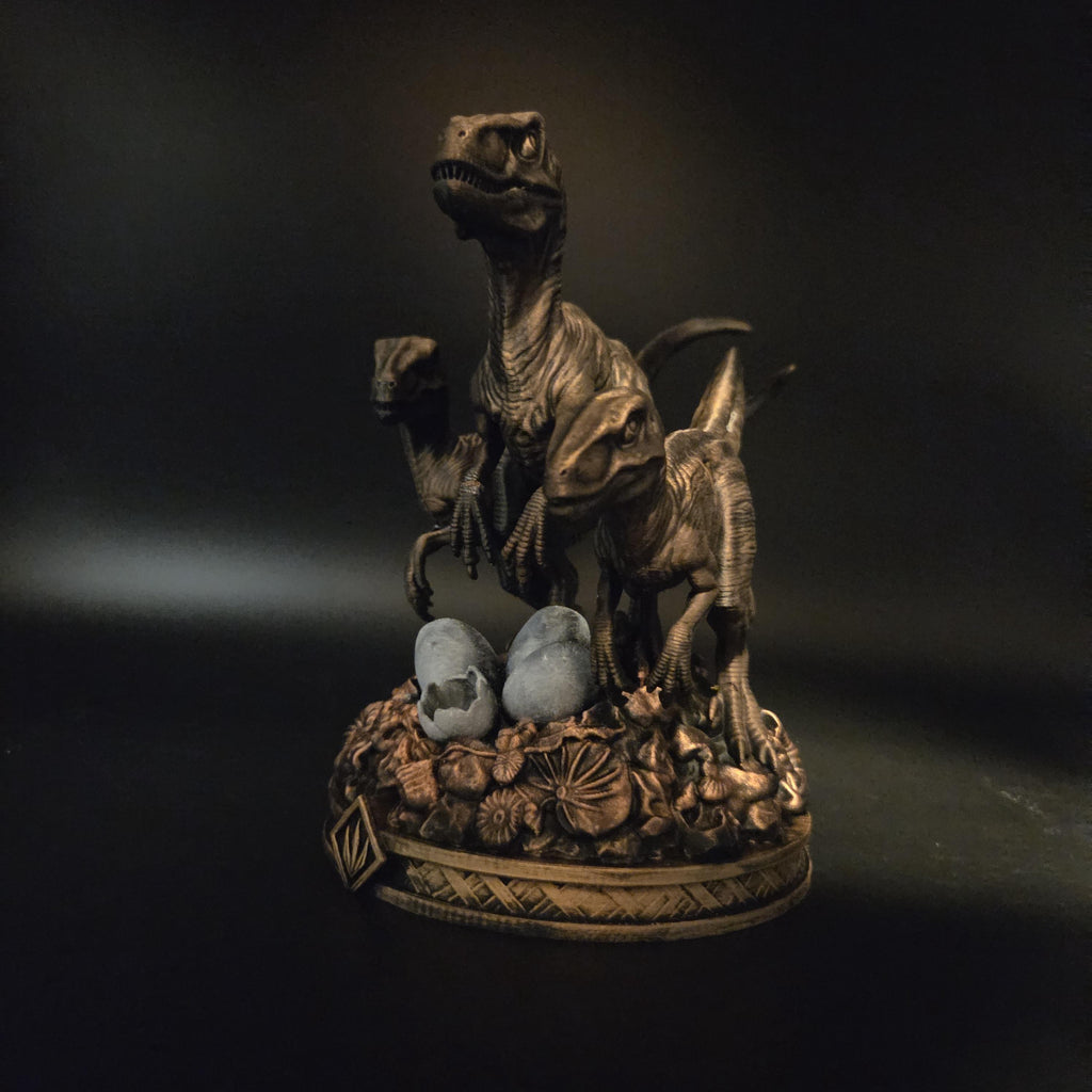 Raptor Family Statue | Dinosaur Decor | Velociraptor Figurine with Eggs | Bronze Finish | Prehistoric Shelf Decor | Gift for Dino Lover