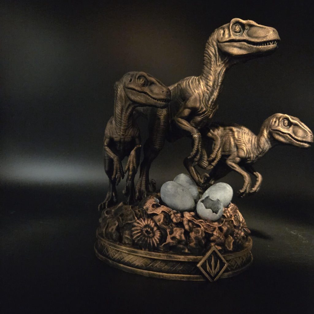 Raptor Family Statue | Dinosaur Decor | Velociraptor Figurine with Eggs | Bronze Finish | Prehistoric Shelf Decor | Gift for Dino Lover
