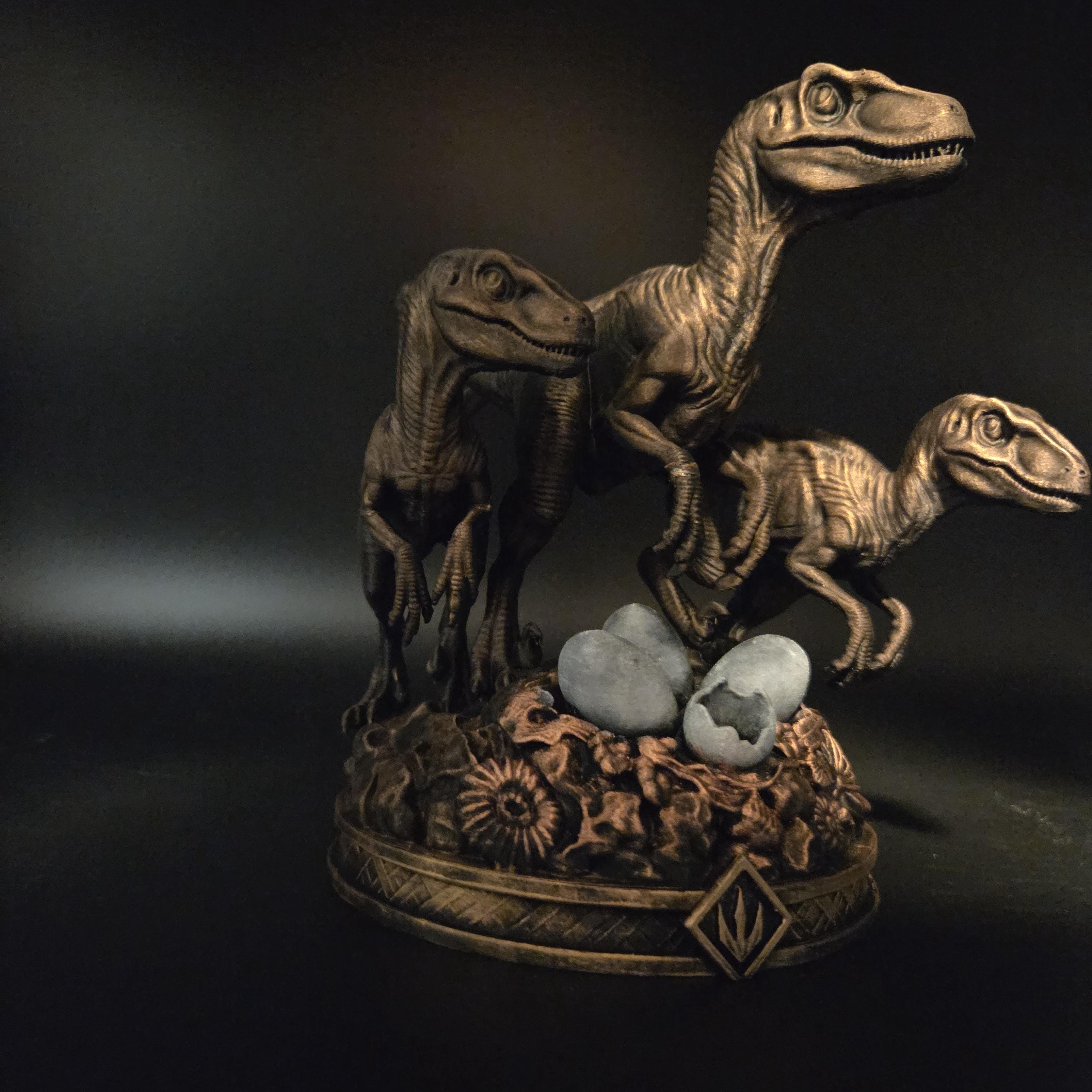 Raptor Family Statue | Dinosaur Decor | Velociraptor Figurine with Eggs | Bronze Finish | Prehistoric Shelf Decor | Gift for Dino Lover