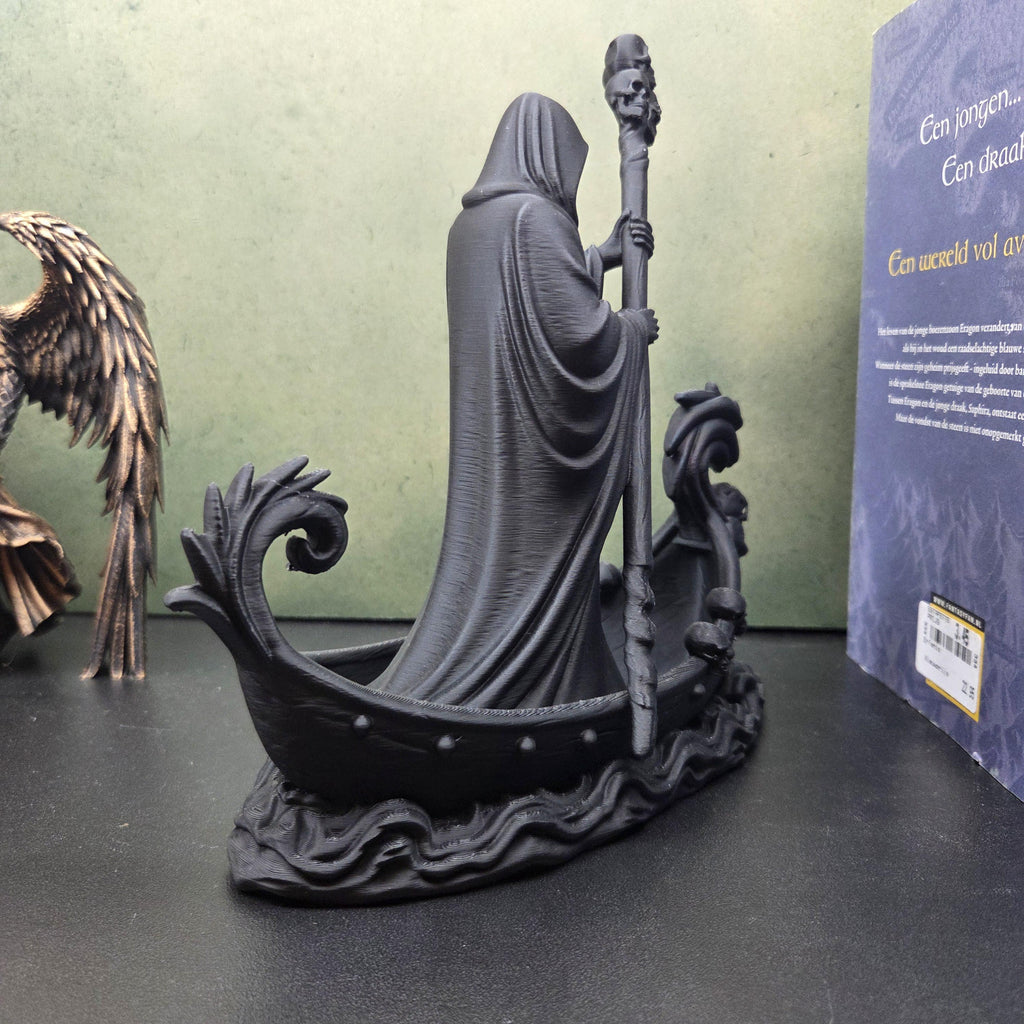 Grim Reaper Boat Statue, Gothic Ferryman Decor, Death Figurine, Skull Boat Sculpture, Dark Fantasy Decor, Macabre Shelf Decor, Gothic Gift