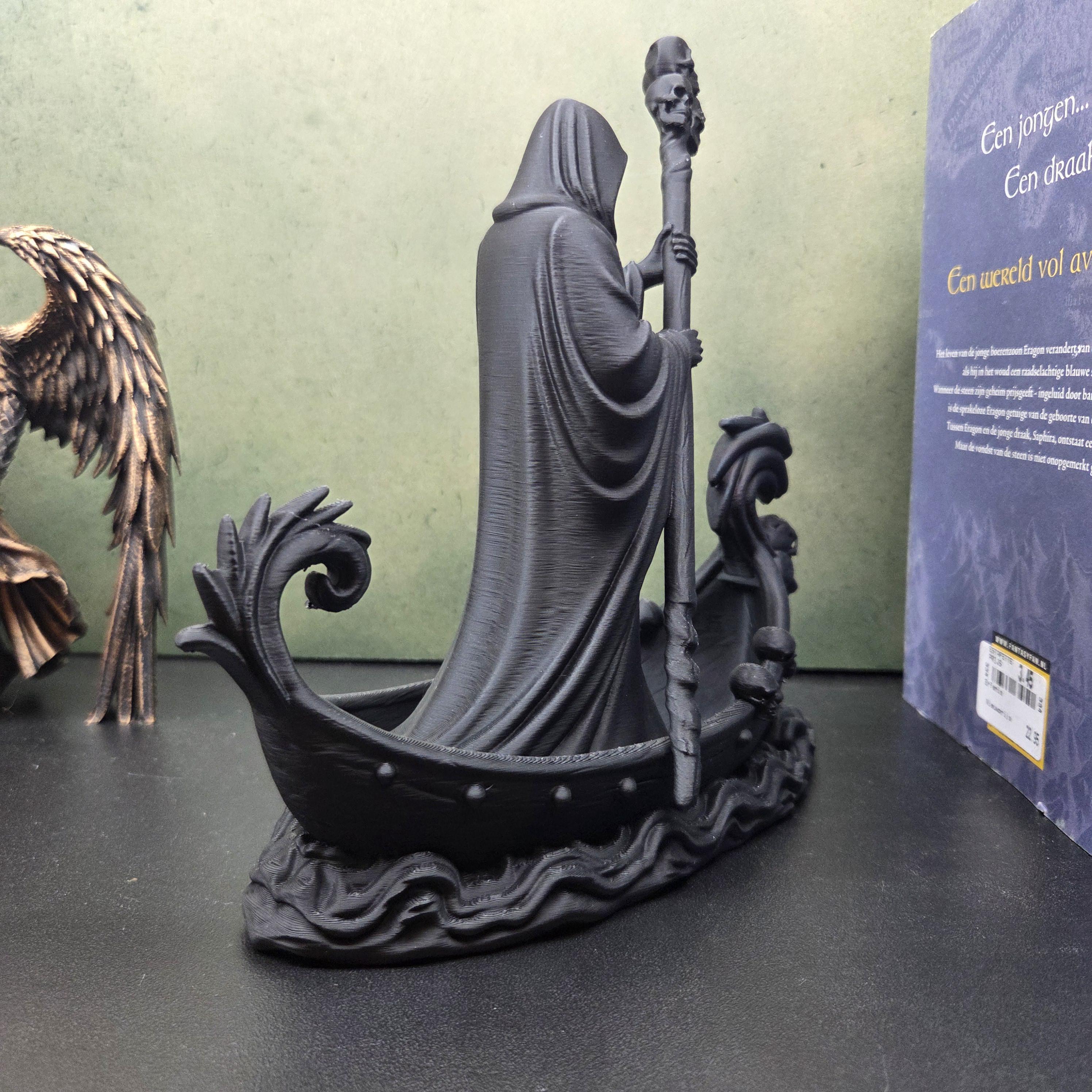 Grim Reaper Boat Statue, Gothic Ferryman Decor, Death Figurine, Skull Boat Sculpture, Dark Fantasy Decor, Macabre Shelf Decor, Gothic Gift