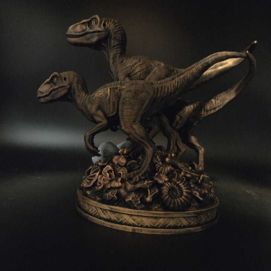 Raptor Family Statue | Dinosaur Decor | Velociraptor Figurine with Eggs | Bronze Finish | Prehistoric Shelf Decor | Gift for Dino Lover