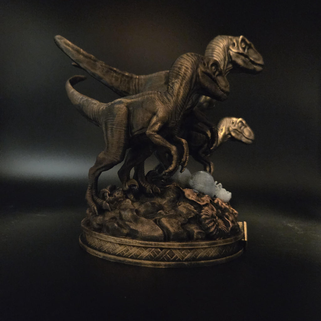 Raptor Family Statue | Dinosaur Decor | Velociraptor Figurine with Eggs | Bronze Finish | Prehistoric Shelf Decor | Gift for Dino Lover
