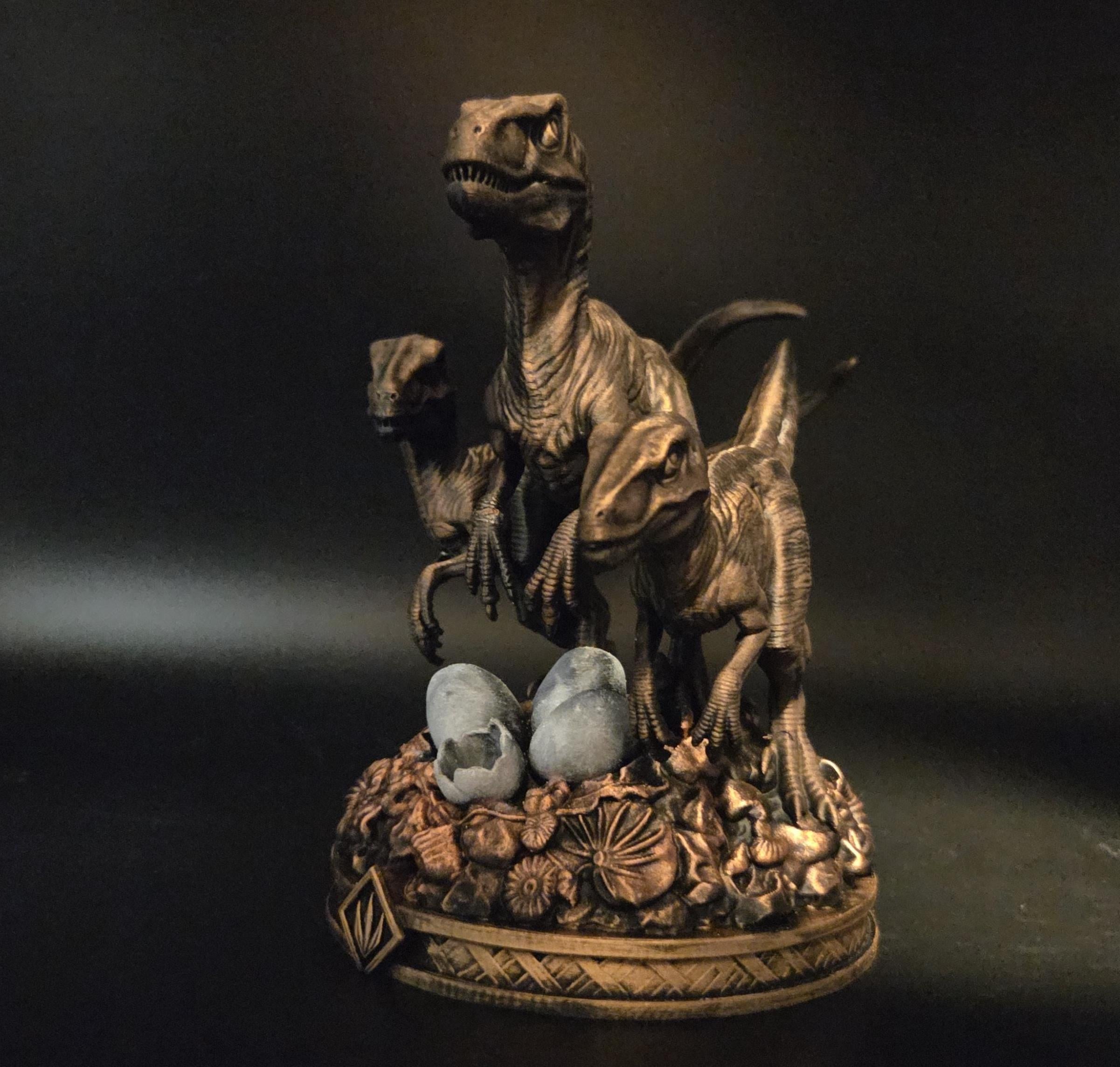 Raptor Family Statue | Dinosaur Decor | Velociraptor Figurine with Eggs | Bronze Finish | Prehistoric Shelf Decor | Gift for Dino Lover
